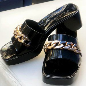 NEW Black Gold Chain Jelly Rubber Block Heel Platform Slip On Slides Sandals